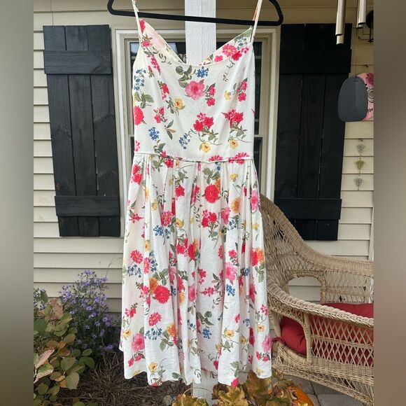 Gal Meets Glam Fit and Flare White Pink Floral Cocktail Dress Cotton Linen Sz. 8 - Picture 6 of 13